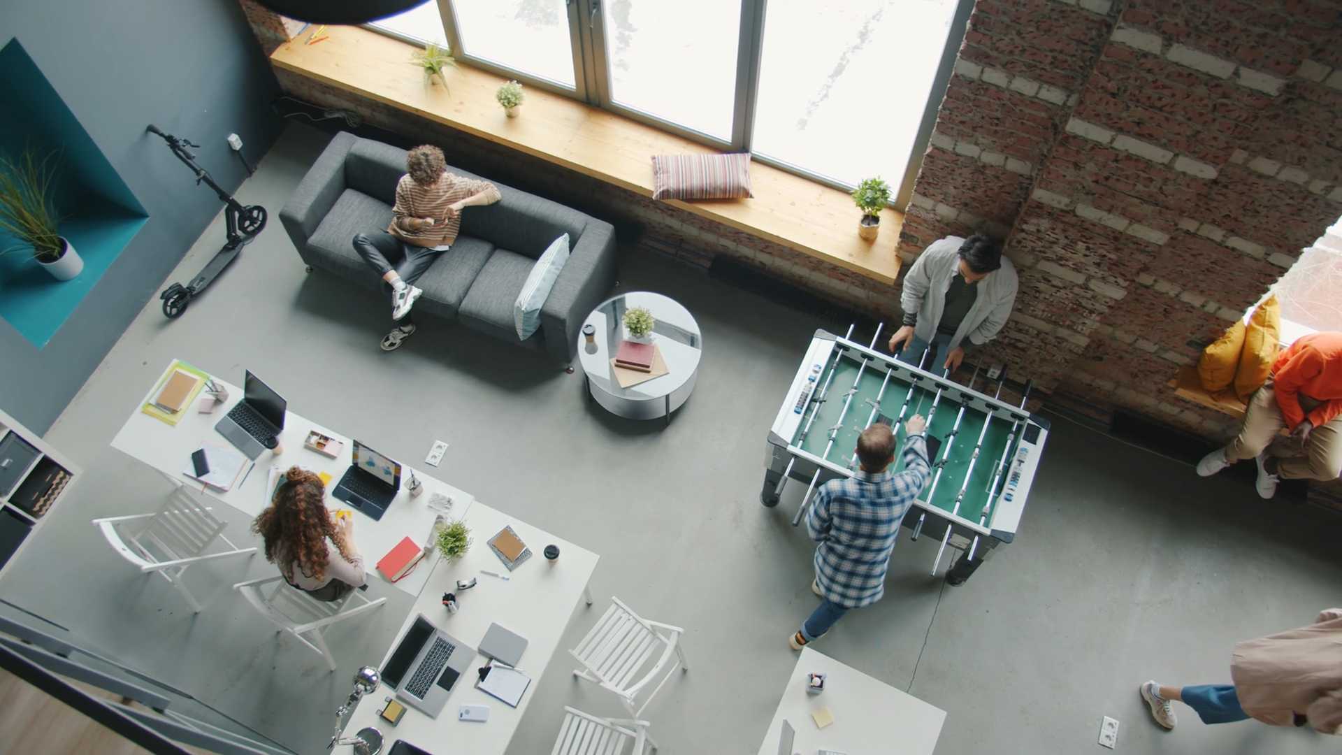 aerial view inside an active coworking office space